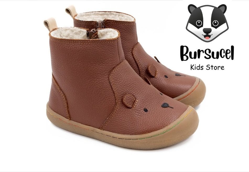 Ghete de iarnă MINIMUS din piele,model barefoot,lat ,copii. TEDDY BEAR